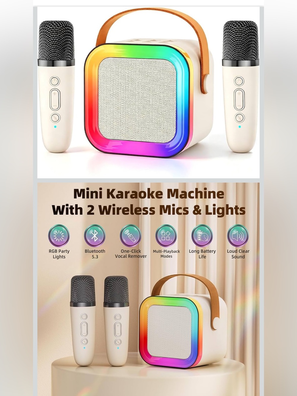 Notoka Mini Karaoke Machine with 2 Wireless Mics & Lights